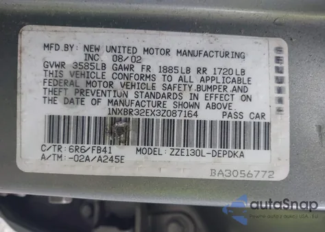 2003 Toyota Corolla Ce z USA, uszkodzony, nr VIN 1NXBR32EX3Z087164